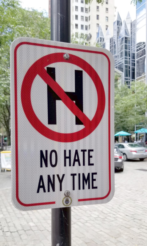 A No Hate Any Time sign in Market Square