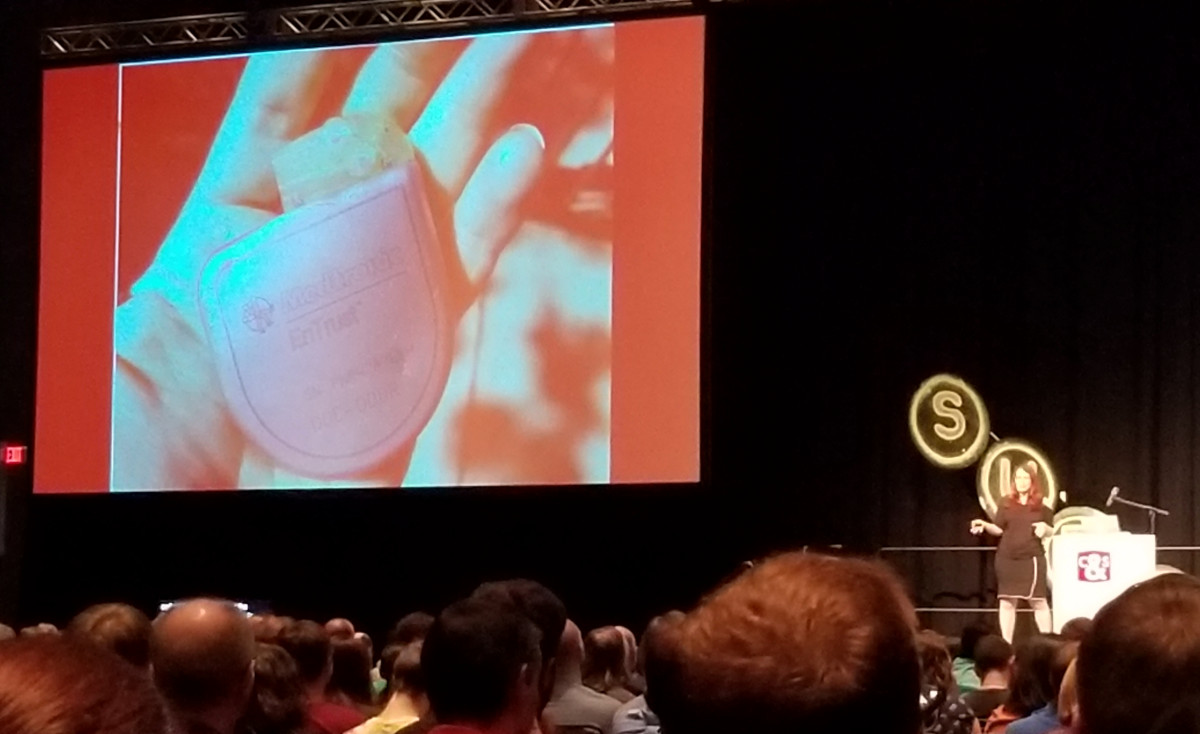 A slide showing an implantable, hackable defibrillator